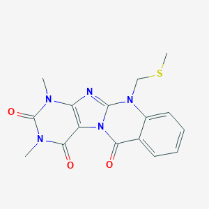 molecular formula C16H15N5O3S B062610 Purino[8,7-b]quinazoline-2,4,6(1H,3H,11H)-trione,  1,3-dimethyl-11-[(methylthio)methyl]- CAS No. 169692-32-4