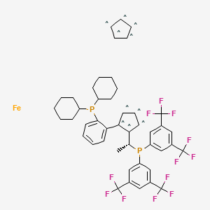 molecular formula C46H44F12FeP2 B6288921 (R)-(+)-1-[(R)-2-(2'-Dicyclohexylphosphinophenyl)ferrocenyl]ethyldi(bis-3,5-trifluoromethylphenyl)phosphine, 97% CAS No. 494227-32-6