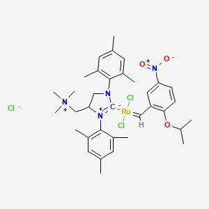 1,3-Bis(2,4,6-triMePh)-4-[(triMeammonio)Me]imidazolidin-2-ylidene]-(2-iPrO-5-nitrobenzylidene)diClRu(II)Cl nitro-StickyCat Cl
