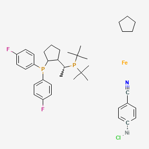 molecular formula C39H52ClF2FeNNiP2- B6289709 Chloro(4-cyanophenyl){(R)-1-[(S)-2-(bis(4-fluorophenyl)phosphinoferrocenyl]ethyl(di-t-butylphosphine)}nickel(II) CAS No. 2049086-37-3