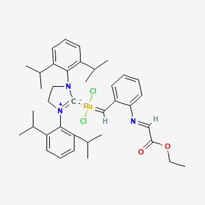 molecular formula C38H49Cl2N3O2Ru B6289986 Dichloro(1,3-di-i-propylimidazolidin-2-ylidene){2-[(ethoxy-2-oxoethylidene)amino]benzylidene} ruthenium(II) HeatMet SIPr CAS No. 2097273-88-4