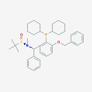molecular formula C37H50NO2PS B6290212 [S(R)]-N-[(S)-[(3-(benzyloxy)-2-(dicyclohexylphosphino)phenyl)phenylmethyl]-N,2-dimethyl-2-propanesulfinamide, 95% CAS No. 2565792-76-7