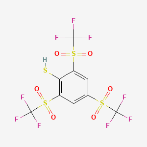 molecular formula C9H3F9O6S4 B6309926 2,4.6-Tris(trifluoromethylsulfonyl)thiophenol, 97% CAS No. 1858255-76-1