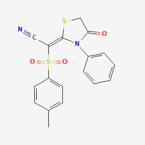 molecular formula C18H14N2O3S2 B6313857 2-((4-Methylphenyl)sulfonyl)-2-(4-oxo-5-phenyl(2,5-thiazolidinylidene))ethanenitrile CAS No. 132276-04-1