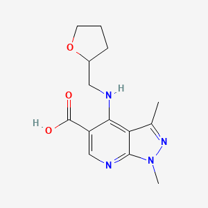 molecular formula C14H18N4O3 B6316210 1,3-Dimethyl-4-[(tetrahydrofuran-2-ylmethyl)amino]-1H-pyrazolo[3,4-b]pyridine-5-carboxylic acid CAS No. 1707786-20-6
