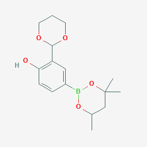 molecular formula C16H23BO5 B6323585 2-(1,3-Dioxan-2-yl)-4-(4,4,6-trimethyl-1,3,2-dioxaborinan-2-yl)phenol CAS No. 2096998-14-8