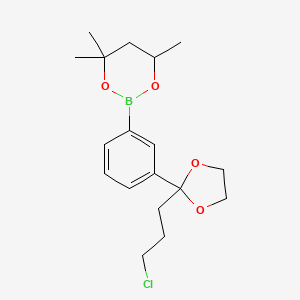molecular formula C18H26BClO4 B6323731 2-{3-[2-(3-Chloropropyl)-1,3-dioxolan-2-yl]phenyl}-4,4,6-trimethyl-1,3,2-dioxaborinane CAS No. 2096996-64-2