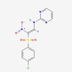 molecular formula C12H9ClN4O4S B6331157 1-((4-Chlorophenyl)sulfonyl)-1-nitro-2-(pyrimidin-2-ylamino)ethene CAS No. 1024736-99-9