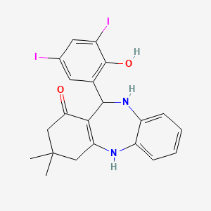 molecular formula C21H20I2N2O2 B6337085 2,10-Diaza-9-(2-hydroxy-3,5-diiodophenyl)-5,5-dimethyltricyclo[9.4.0.0<3,8>]pentadeca-1(11),3(8),12,14-tetraen-7-one CAS No. 1024297-60-6
