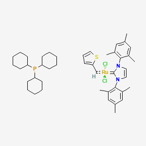 molecular formula C44H61Cl2N2PRuS B6338426 Tricyclohexylphosphine[1,3-bis(2,4,6-trimethylphenyl)imidazol-2-ylidene][2-thienylmethylene]ruthenium(II)dichloride, 95% CAS No. 1190427-49-6