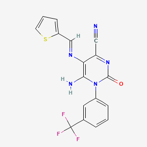 molecular formula C17H10F3N5OS B6341382 5-(1-Aza-2-(2-thienyl)vinyl)-4-imino-2-oxo-3-(3-(trifluoromethyl)phenyl)-1H-1,3-diazine-6-carbonitrile CAS No. 1274948-16-1