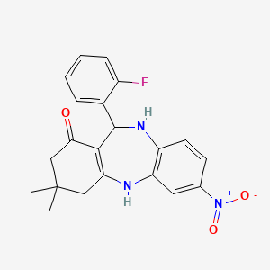 molecular formula C21H20FN3O3 B6355159 2,10-Diaza-9-(2-fluorophenyl)-5,5-dimethyl-14-nitrotricyclo[9.4.0.0<3,8>]pentadeca-1(15),3(8),11(12),13-tetraen-7-one CAS No. 1023540-29-5