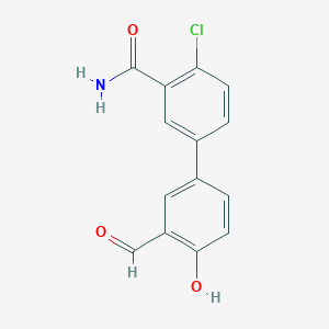 molecular formula C14H10ClNO3 B6378855 4-(3-Carbamoyl-4-chlorophenyl)-2-formylphenol, 95% CAS No. 1261977-02-9