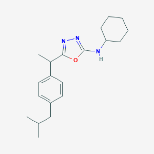 molecular formula C20H29N3O B064033 N-Cyclohexyl-5-(1-(4-(2-methylpropyl)phenyl)ethyl)-1,3,4-oxadiazol-2-amine CAS No. 184706-23-8