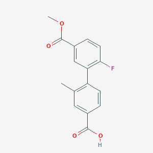 molecular formula C16H13FO4 B6408425 4-(2-Fluoro-5-methoxycarbonylphenyl)-3-methylbenzoic acid, 95% CAS No. 1261908-23-9