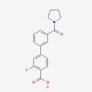 molecular formula C18H16FNO3 B6411209 2-Fluoro-4-(3-pyrrolidinylcarbonylphenyl)benzoic acid, 95% CAS No. 1262006-37-0