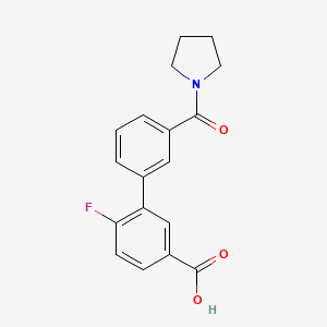 molecular formula C18H16FNO3 B6411224 4-Fluoro-3-(3-pyrrolidinylcarbonylphenyl)benzoic acid, 95% CAS No. 1261940-88-8