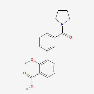 molecular formula C19H19NO4 B6411249 2-Methoxy-3-(3-pyrrolidinylcarbonylphenyl)benzoic acid, 95% CAS No. 1261940-91-3