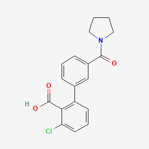 molecular formula C18H16ClNO3 B6411252 6-Chloro-2-(3-pyrrolidinylcarbonylphenyl)benzoic acid, 95% CAS No. 1262006-44-9