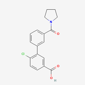 molecular formula C18H16ClNO3 B6411258 4-Chloro-3-(3-pyrrolidinylcarbonylphenyl)benzoic acid, 95% CAS No. 1261936-34-8