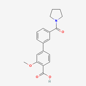 molecular formula C19H19NO4 B6411260 2-Methoxy-4-(3-pyrrolidinylcarbonylphenyl)benzoic acid, 95% CAS No. 1262010-93-4