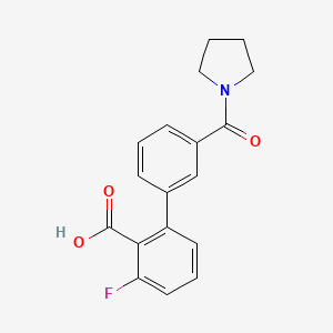 molecular formula C18H16FNO3 B6411278 6-Fluoro-2-(3-pyrrolidinylcarbonylphenyl)benzoic acid, 95% CAS No. 1262010-88-7