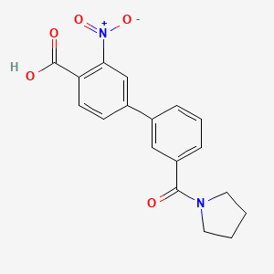 molecular formula C18H16N2O5 B6411295 2-Nitro-4-(3-pyrrolidinylcarbonylphenyl)benzoic acid, 95% CAS No. 1262010-51-4