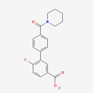 molecular formula C19H18FNO3 B6412312 4-Fluoro-3-[4-(piperidine-1-carbonyl)phenyl]benzoic acid, 95% CAS No. 1261914-62-8