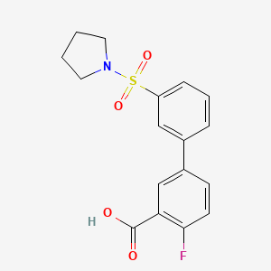 molecular formula C17H16FNO4S B6412754 2-Fluoro-5-[3-(pyrrolidinylsulfonyl)phenyl]benzoic acid, 95% CAS No. 1261969-66-7