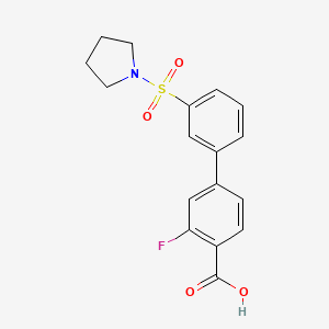 molecular formula C17H16FNO4S B6412755 2-Fluoro-4-[3-(pyrrolidinylsulfonyl)phenyl]benzoic acid, 95% CAS No. 1261941-05-2