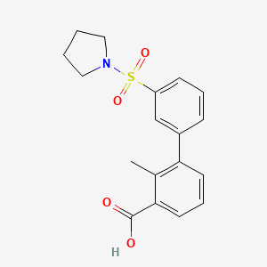 molecular formula C18H19NO4S B6412770 2-Methyl-3-[3-(pyrrolidinylsulfonyl)phenyl]benzoic acid, 95% CAS No. 1261916-00-0