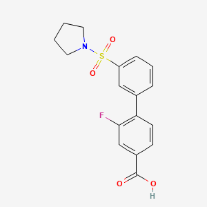 molecular formula C17H16FNO4S B6412777 3-Fluoro-4-[3-(pyrrolidinylsulfonyl)phenyl]benzoic acid, 95% CAS No. 1261916-09-9