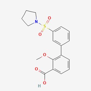 molecular formula C18H19NO5S B6412778 2-Methoxy-3-[3-(pyrrolidinylsulfonyl)phenyl]benzoic acid, 95% CAS No. 1261937-23-8