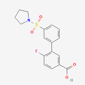 molecular formula C17H16FNO4S B6412785 4-Fluoro-3-[3-(pyrrolidinylsulfonyl)phenyl]benzoic acid, 95% CAS No. 1261907-37-2