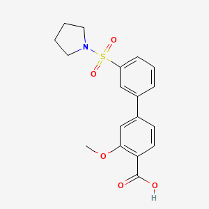 molecular formula C18H19NO5S B6412796 2-Methoxy-4-[3-(pyrrolidinylsulfonyl)phenyl]benzoic acid, 95% CAS No. 1261941-07-4