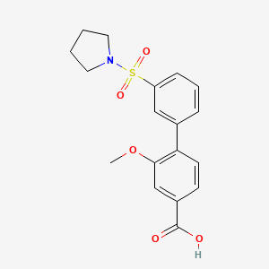 molecular formula C18H19NO5S B6412799 3-Methoxy-4-[3-(pyrrolidinylsulfonyl)phenyl]benzoic acid, 95% CAS No. 1261941-06-3