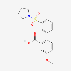 molecular formula C18H19NO5S B6412804 5-Methoxy-2-[3-(pyrrolidinylsulfonyl)phenyl]benzoic acid, 95% CAS No. 1262011-27-7
