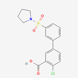 molecular formula C17H16ClNO4S B6412823 2-Chloro-5-[3-(pyrrolidinylsulfonyl)phenyl]benzoic acid, 95% CAS No. 1261916-17-9
