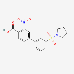 molecular formula C17H16N2O6S B6412828 2-Nitro-4-[3-(pyrrolidinylsulfonyl)phenyl]benzoic acid, 95% CAS No. 1261981-74-1
