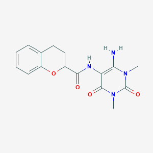 molecular formula C16H18N4O4 B064146 2H-1-Benzopyran-2-carboxamide,  N-(6-amino-1,2,3,4-tetrahydro-1,3-dimethyl-2,4-dioxo-5-pyrimidinyl)- CAS No. 166115-85-1