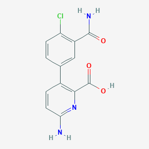 molecular formula C13H10ClN3O3 B6415451 6-Amino-3-(3-carbamoyl-4-chlorophenyl)picolinic acid, 95% CAS No. 1261987-00-1