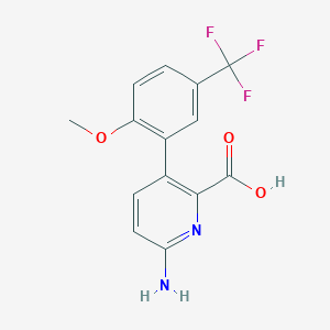 molecular formula C14H11F3N2O3 B6415778 6-Amino-3-(2-methoxy-5-trifluoromethylphenyl)picolinic acid, 95% CAS No. 1261914-63-9