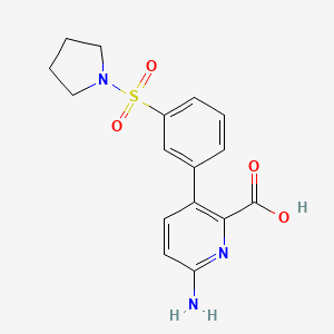 molecular formula C16H17N3O4S B6415959 6-Amino-3-[3-(pyrrolidinylsulfonyl)phenyl]picolinic acid, 95% CAS No. 1262000-34-9