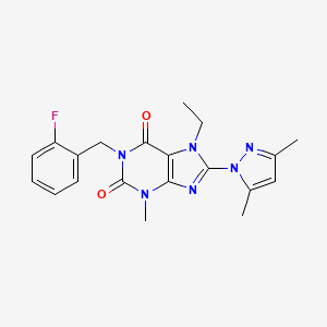 molecular formula C20H21FN6O2 B6418032 8-(3,5-dimethyl-1H-pyrazol-1-yl)-7-ethyl-1-[(2-fluorophenyl)methyl]-3-methyl-2,3,6,7-tetrahydro-1H-purine-2,6-dione CAS No. 1013875-52-9
