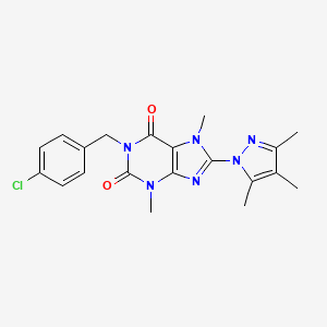 molecular formula C20H21ClN6O2 B6418057 1-[(4-chlorophenyl)methyl]-3,7-dimethyl-8-(3,4,5-trimethyl-1H-pyrazol-1-yl)-2,3,6,7-tetrahydro-1H-purine-2,6-dione CAS No. 1013971-00-0