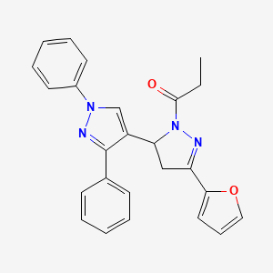 molecular formula C25H22N4O2 B6418144 1-[5-(furan-2-yl)-1',3'-diphenyl-3,4-dihydro-1'H,2H-[3,4'-bipyrazole]-2-yl]propan-1-one CAS No. 1008091-09-5