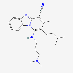 molecular formula C23H31N5 B6419170 13-{[3-(dimethylamino)propyl]amino}-11-methyl-12-(3-methylbutyl)-1,8-diazatricyclo[7.4.0.0^{2,7}]trideca-2,4,6,8,10,12-hexaene-10-carbonitrile CAS No. 384353-17-7