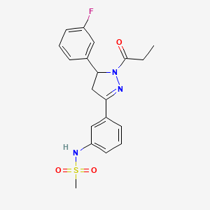 molecular formula C19H20FN3O3S B6419220 N-{3-[5-(3-fluorophenyl)-1-propanoyl-4,5-dihydro-1H-pyrazol-3-yl]phenyl}methanesulfonamide CAS No. 851719-24-9