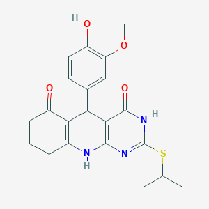 molecular formula C21H23N3O4S B6420398 5-(4-hydroxy-3-methoxyphenyl)-2-(propan-2-ylsulfanyl)-3H,4H,5H,6H,7H,8H,9H,10H-pyrimido[4,5-b]quinoline-4,6-dione CAS No. 627046-41-7