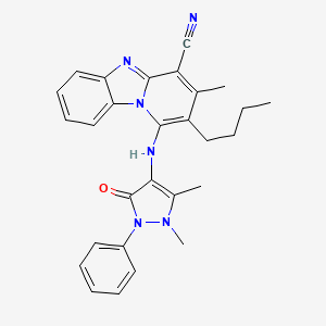 molecular formula C28H28N6O B6420529 12-butyl-13-[(1,5-dimethyl-3-oxo-2-phenyl-2,3-dihydro-1H-pyrazol-4-yl)amino]-11-methyl-1,8-diazatricyclo[7.4.0.0^{2,7}]trideca-2(7),3,5,8,10,12-hexaene-10-carbonitrile CAS No. 384800-97-9